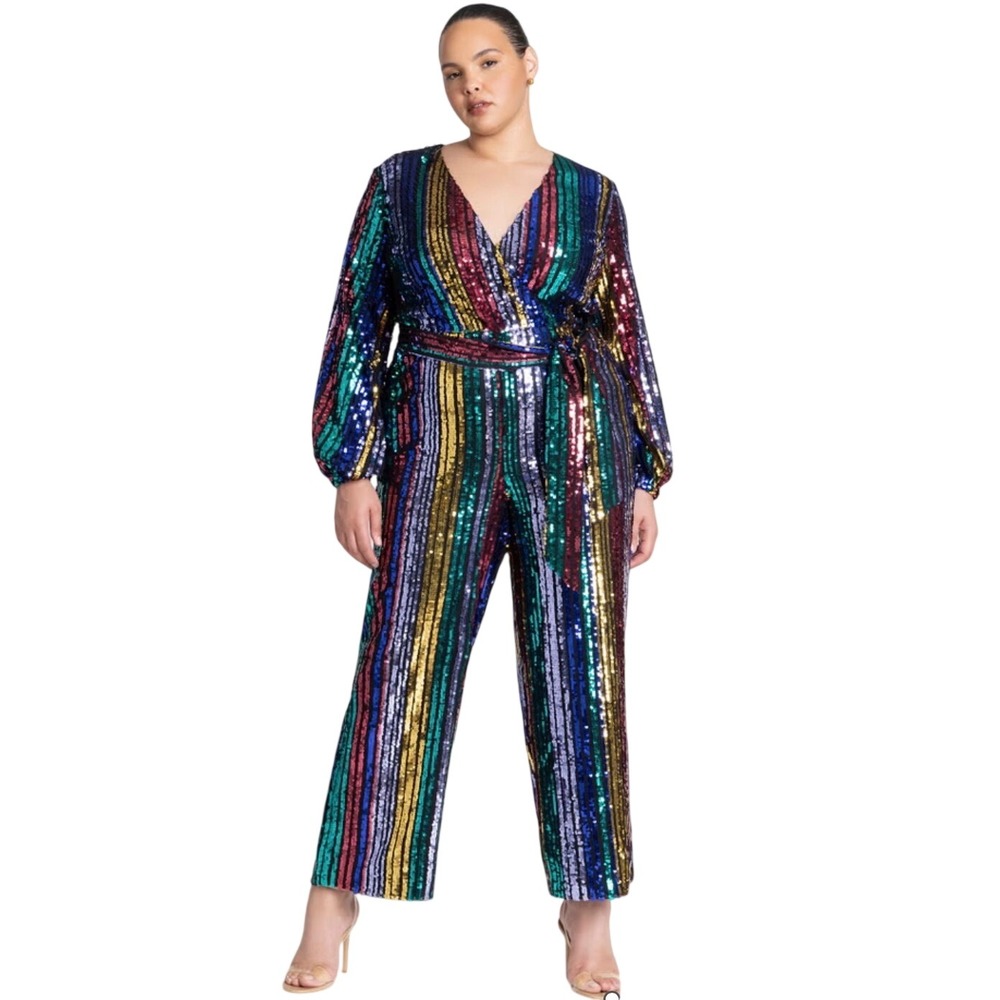 Eloquii Multicolor Stripe Sequin Jumpsuit Women's size 20 Belted Wide Leg Disco